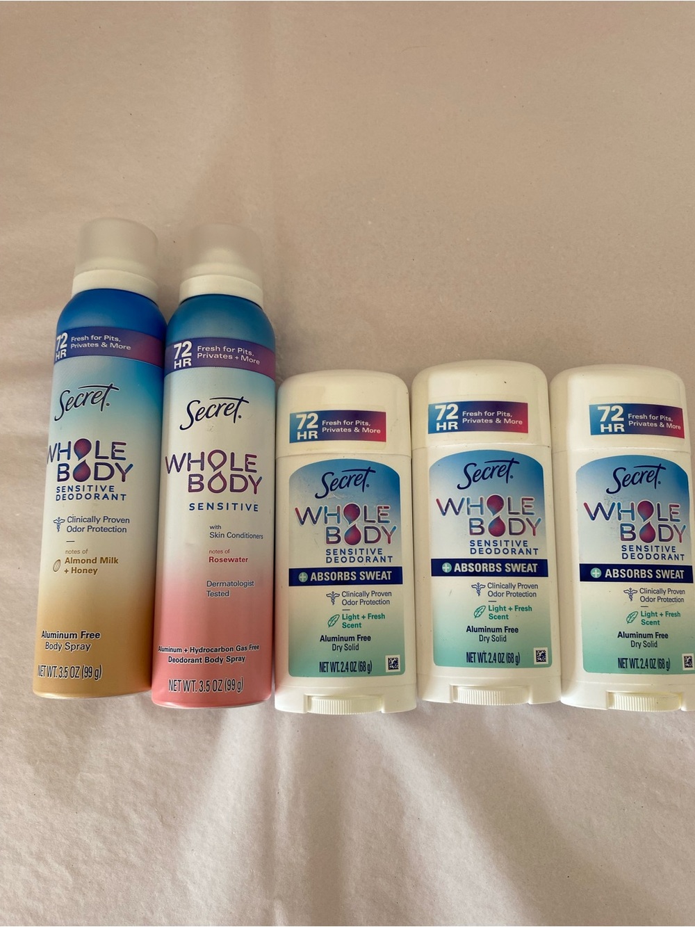 New Lot of 5 Secret Deodorant Spray and Roll On Aluminum Free